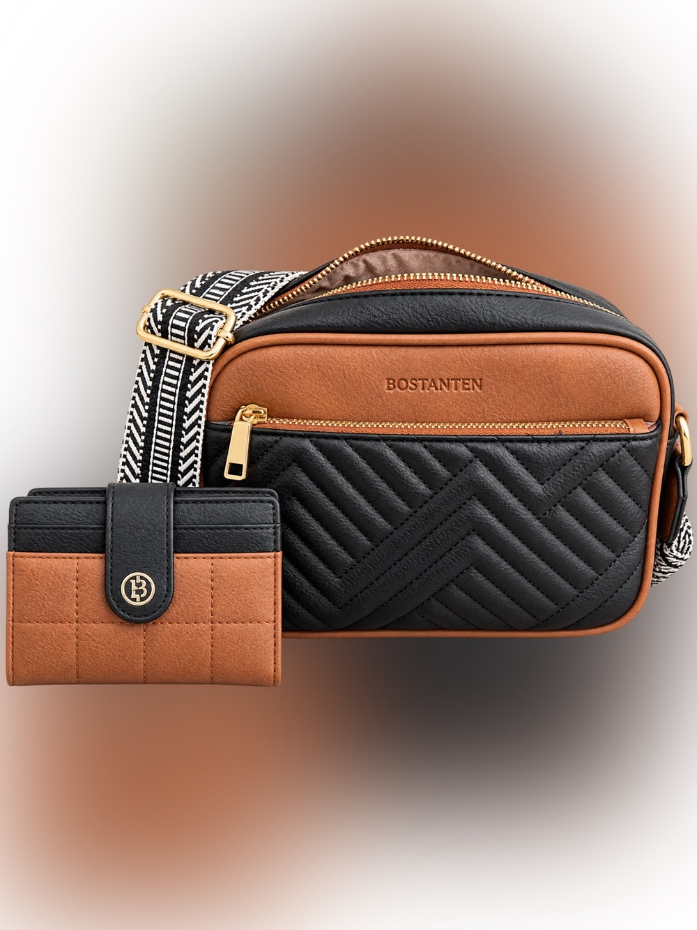 Bostanten Black & Brown Quilted Crossbody with Detachable Cardholder